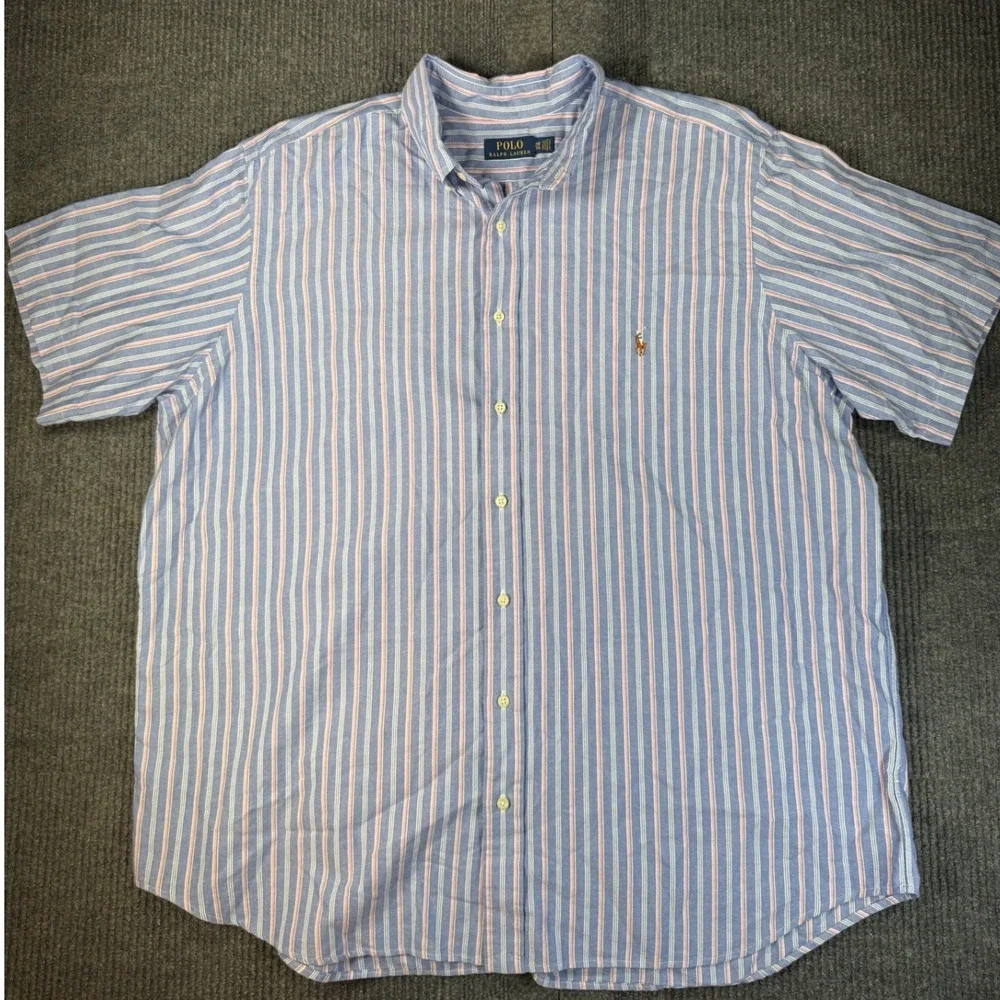 Polo Ralph Lauren Mens 2XB Big & Tall Blue Pink Striped SS Oxford Shirt Cotton